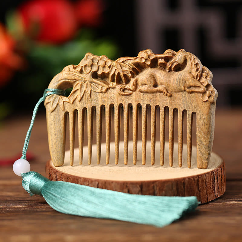 Mythstone Green Sandalwood Fox Peony Flower Lotus Engraved Cure Tassel Comb