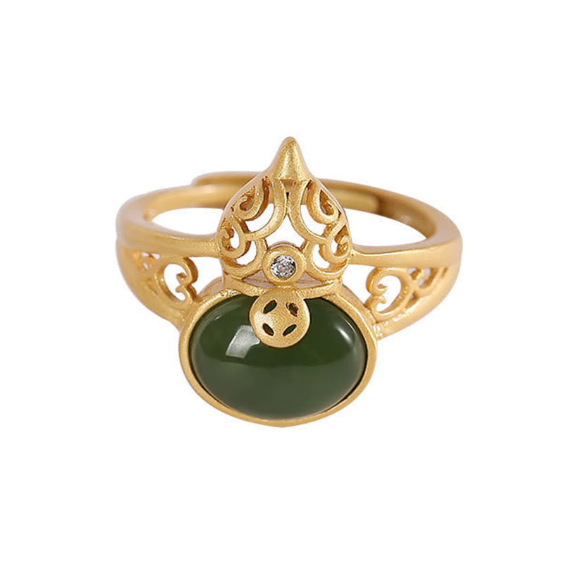 Anillo ajustable con piedra mitológica, calabaza, jade cian, moneda de cobre, suerte y éxito