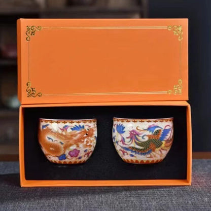 Mythstone 2Pcs Dragon Phoenix Ceramic Teacup Kung Fu Tea Cups