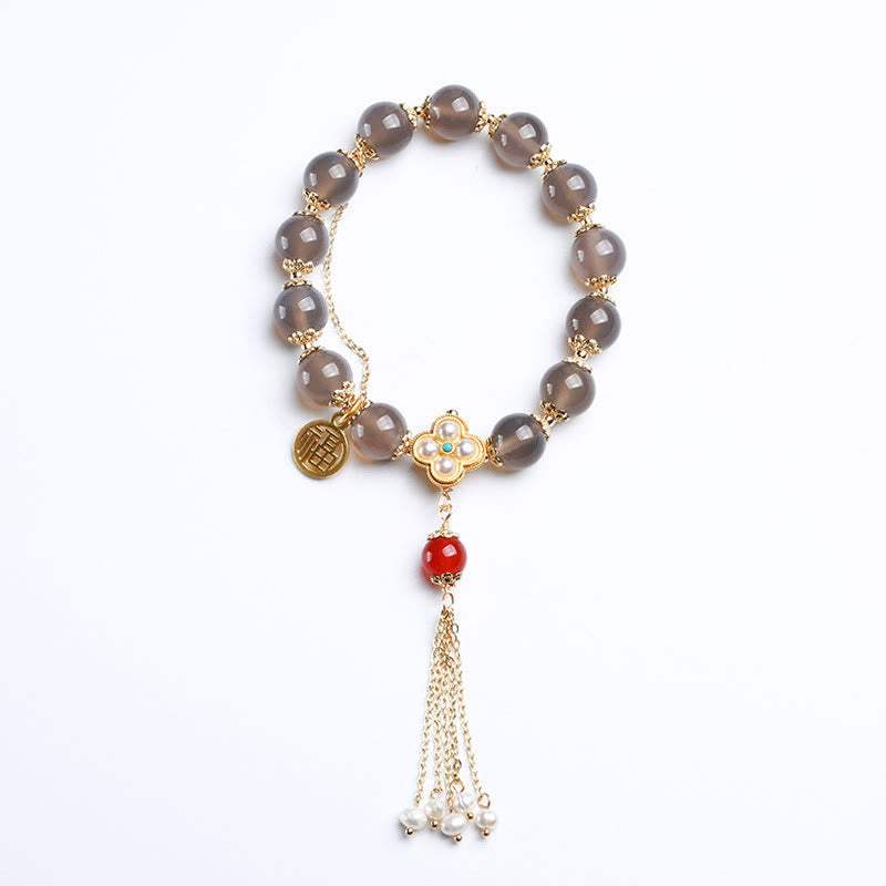 Mythstone Natural Gray Agate Fu Character Pearl Tassel Balance Bracelet