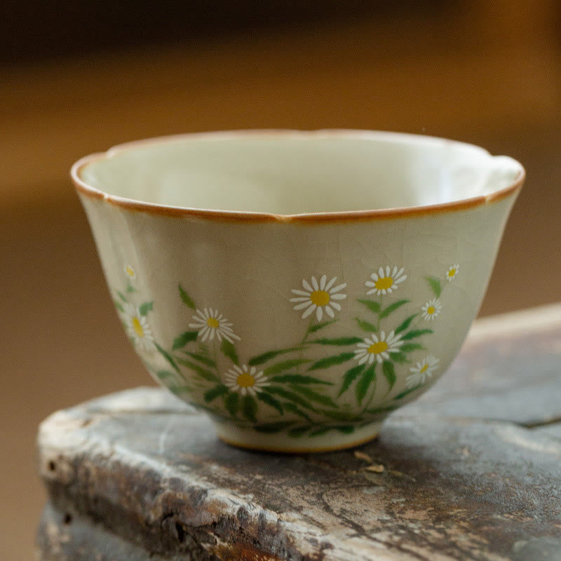 Mythstone Peach Blossom Daisy Flower Ceramic Teacup Kung Fu Tea Cups