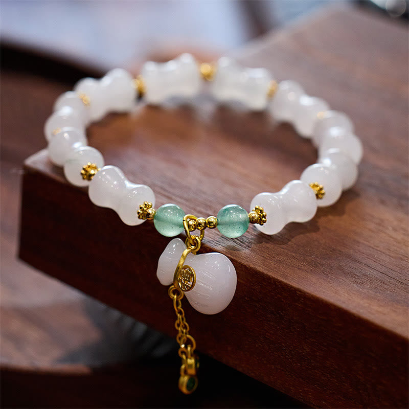 Mythstone Natural White Golden Silk Jade Bamboo Pattern Wealth Lucky Bag Fu Character Bracelet