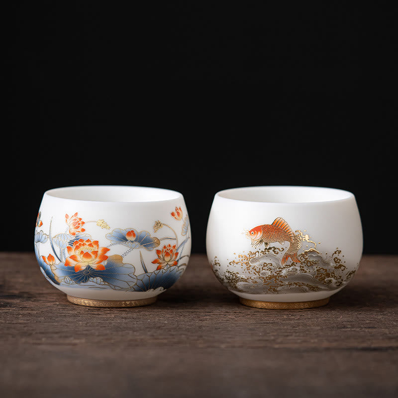 Mythstone Phoenix Dragon Lotus Deer Ancient Building Koi Fish Ceramic Teacup Kung Fu Tea Cups