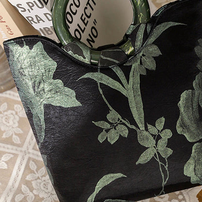 Mythstone Black Green Orchids Print Vintage Handbag