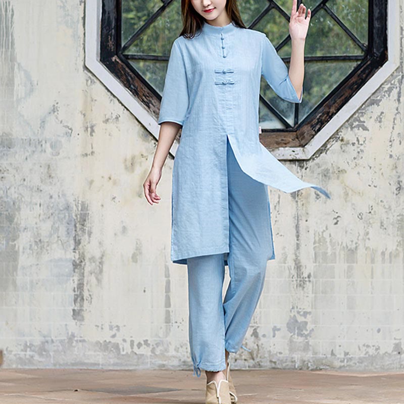 Mythstone 2Pcs Half Sleeve Shirt Top Pants Meditation Zen Tai Chi Linen Clothing Women's Set