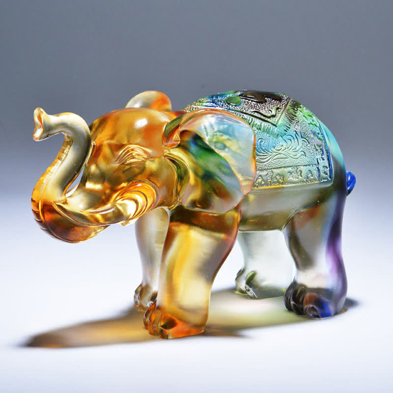 Mythstone Handmade Liuli Crystal Elephant Art Piece Wisdom Wealth Home Decoration