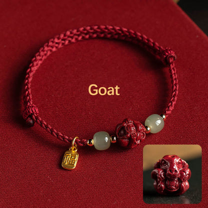 Mythstone Natural Cinnabar Chinese Zodiac Hetian Jade Fu Character Luck Rope Bracelet Bracelet Mythstone Goat(Wrist Circumference 14-18cm)