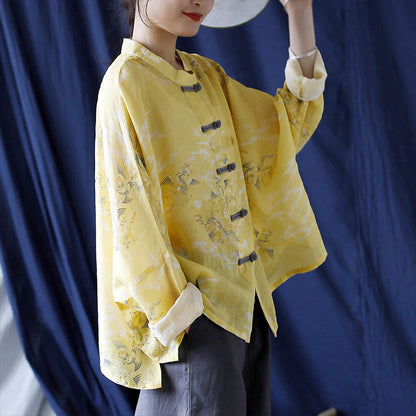 Mythstone Yellow Phoenix Print Frog-button Design Long Sleeve Ramie Linen Jacket Shirt