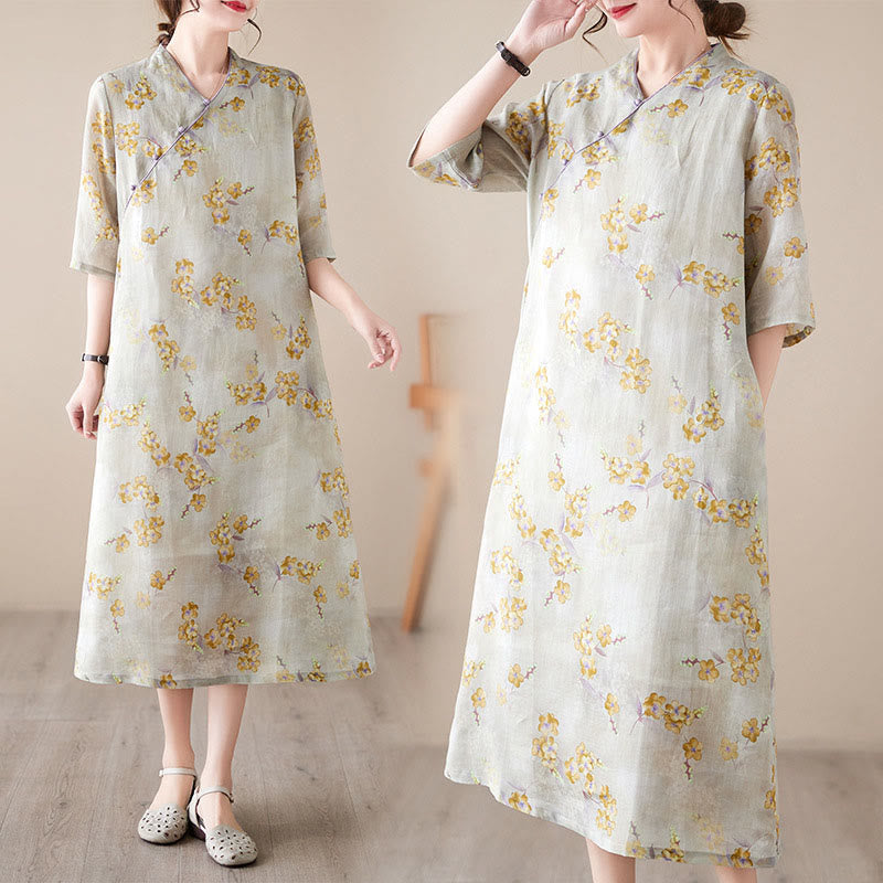 Mythstone Yellow Flowers Print Cheongsam Midi Dress Cotton Linen Half Sleeve Dress With Pockets