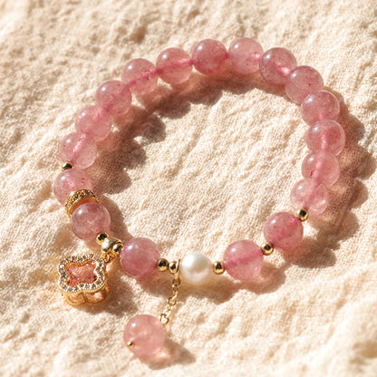 Mythstone Strawberry Quartz Pearl Four Leaf Clover Charm Healing Bracelet