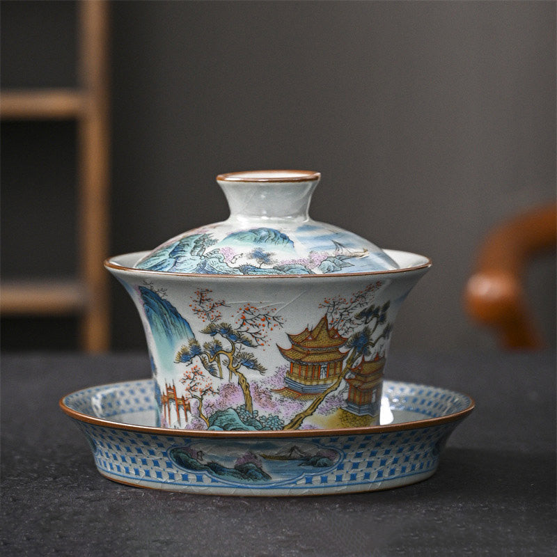 Mythstone Jingdezhen Dragon Phoenix Pavilion Pine Flower Ceramic Gaiwan Sancai Teacup Kung Fu Tea Cup And Saucer With Lid 170ml