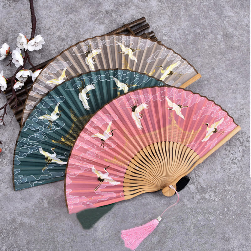 Mythstone Vintage Cloud Crane Pattern Handheld Bamboo Folding Fan