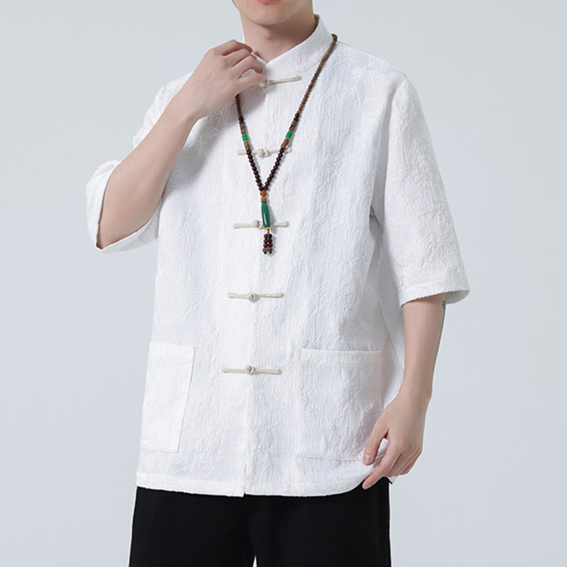 Mythstone Solid Color Jacquard Frog-button Chinese Half Sleeve Shirt Men T-shirt