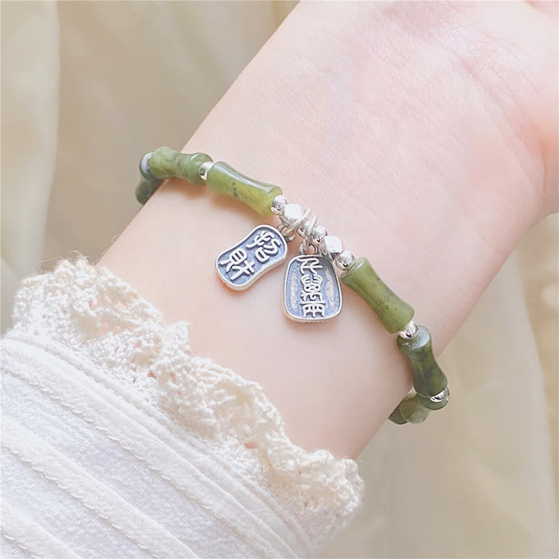 Mythstone 925 Sterling Silver Bamboo Jade Lucky Cat Fu Character Luck Abundance Bracelet