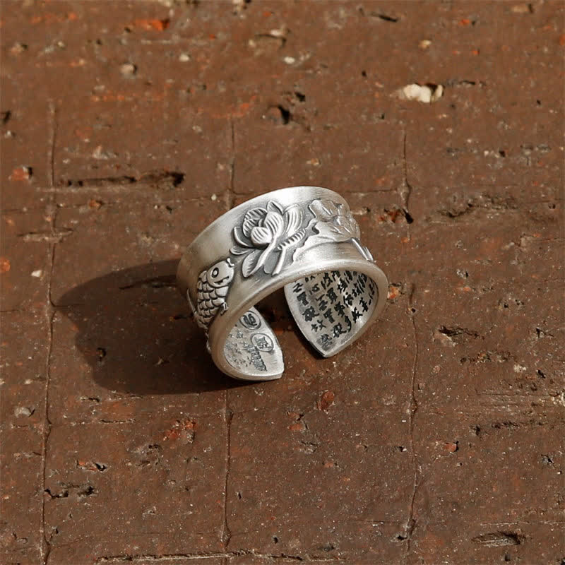 Mythstone 999 Sterling Silver Luck Koi Fish Lotus Heart Sutra Wealth Ring