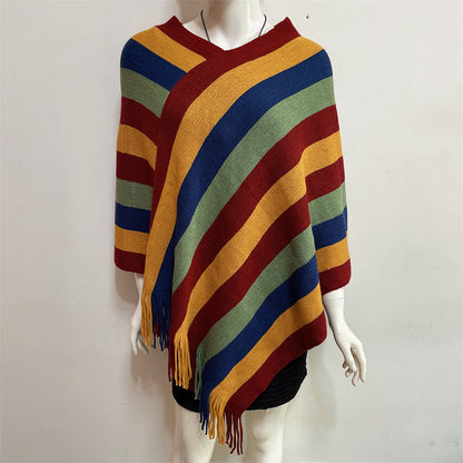 Mythstone Tibetan Colorful Striped Design Shawl Tassels Pullover Winter Cozy Travel Scarf Wrap