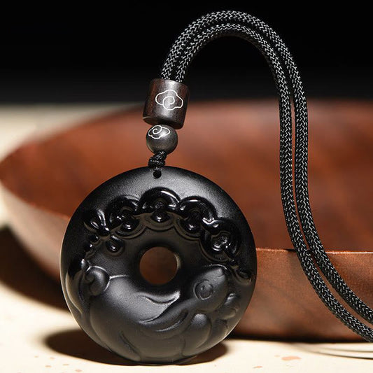 Mythstone Chinese Zodiac Natural Black Obsidian Peace Buckle Strength Necklace Pendant