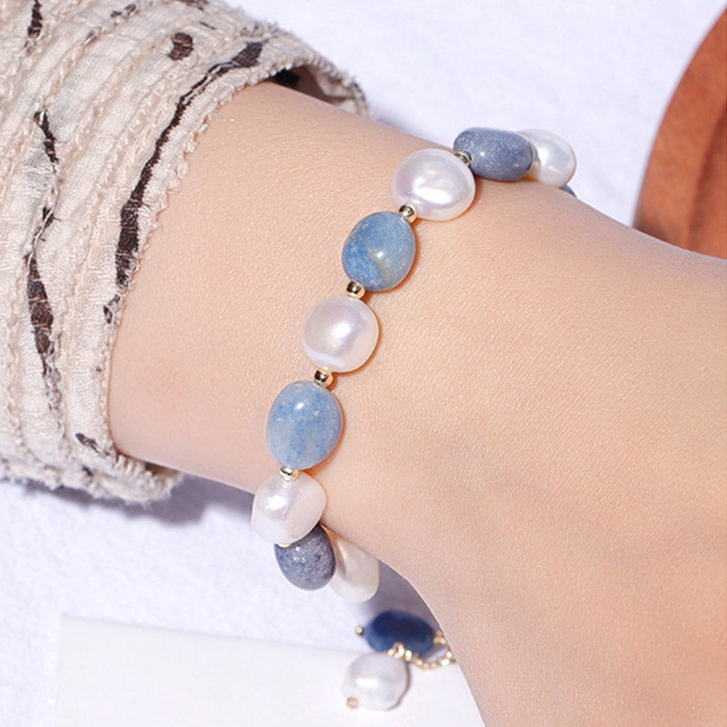 Mythstone Natural Blue Aventurine Crystal Pearl Bead Healing Bracelet