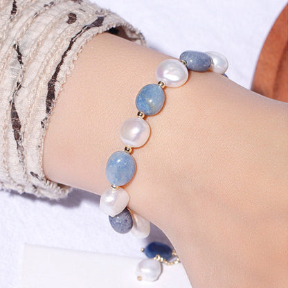 Mythstone Natural Blue Aventurine Crystal Pearl Bead Healing Bracelet