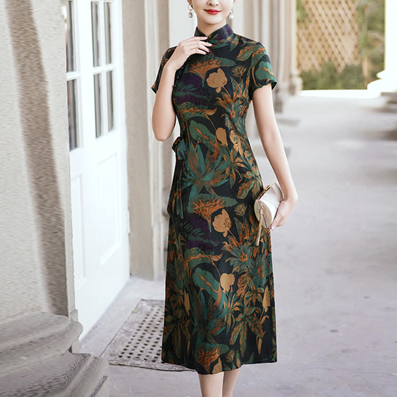 Mythstone Silk Qipao Dress Retro Flower Leaf Pattern Women's Cheongsam Dress