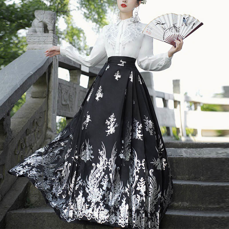 Mythstone Flowers Leaves Feathers Long Sleeve Shirt Top Chinese Hanfu Ming Dynasty Horse Face Skirt Mamianqun Skirt