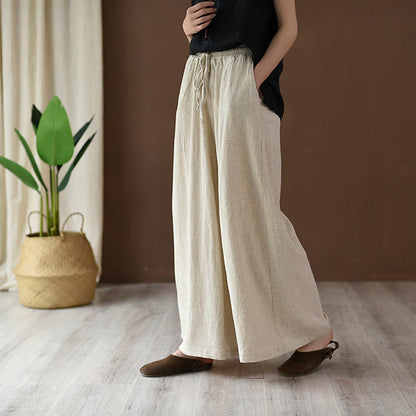 Mythstone Loose Cotton Linen Drawstring Wide Leg Pants With Pockets