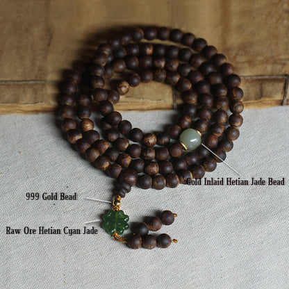 108 Mala Beads Nha Trang Bai Qinan Agarwood Jade 999 Gold Peace Bracelet