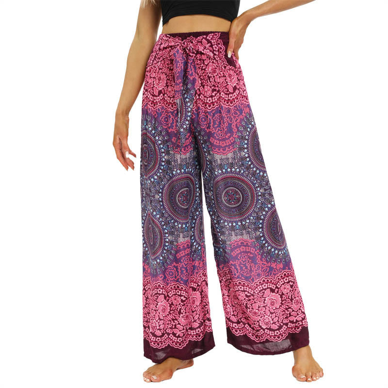 Mythstone Bohemian Mandala Flower Lace-up Wide Leg Pants Women's Yoga Pants