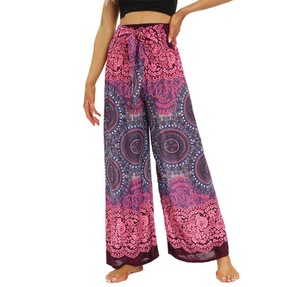 Mythstone Bohemian Mandala Flower Lace-up Wide Leg Pants Women's Yoga Pants