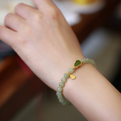 Mythstone 925 Sterling Silver Plated Gold Natural Hetian Jade Bead Gourd Lotus Bamboo Fu Character Luck Bracelet