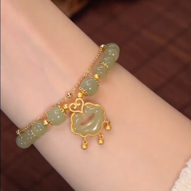 Mythstone 14K Gold Plated Natural Hetian Jade Wish Lock Bell Chain Bracelet