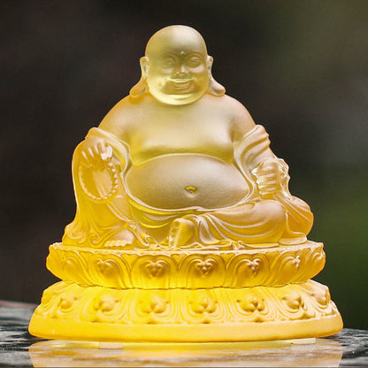 Mythstone Handmade Laughing Buddha Figurine Liuli Crystal Art Piece Wealth Statue Home Decoration