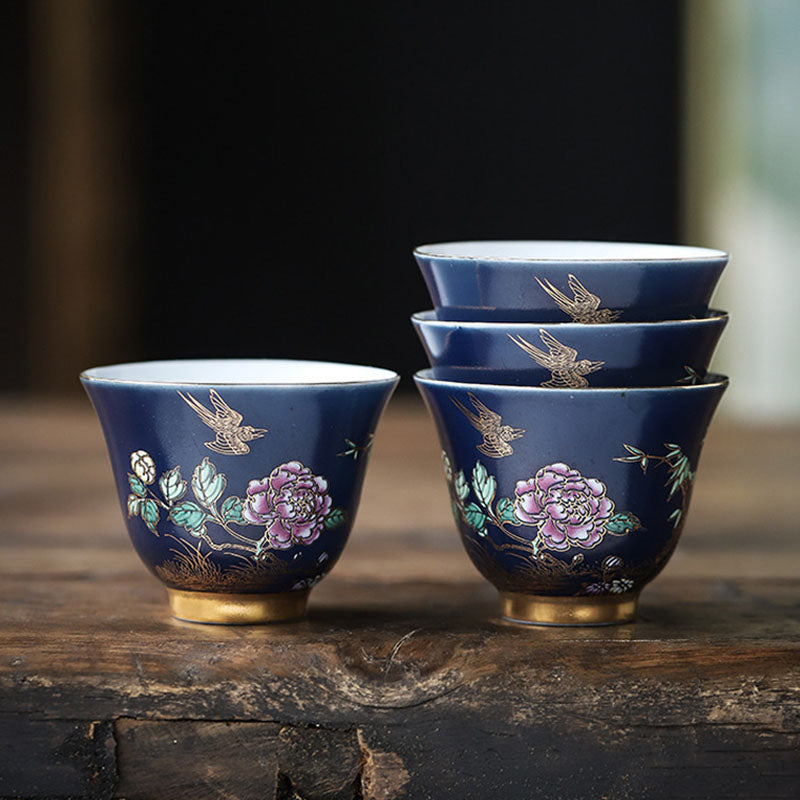 Mythstone Golden Magpie Peony Flower Ceramic Teacup Kung Fu Tea Cup