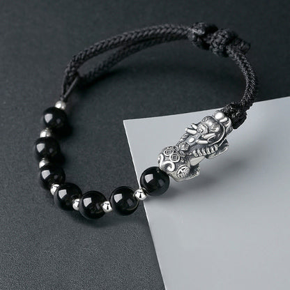 Mythstone 999 Sterling Silver FengShui PiXiu Natural Black Obsidian 925 Sterling Silver Bead Strength Bracelet