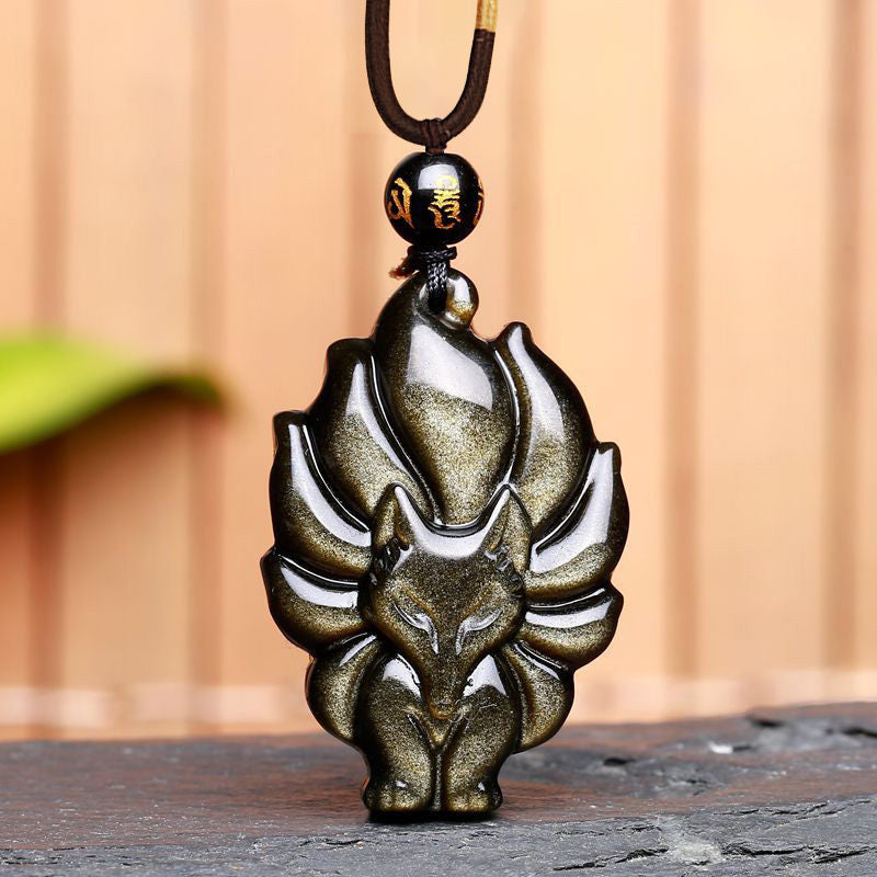 Mythstone Natural Rainbow Obsidian Gold Sheen Obsidian Nine Tailed Fox Positive Necklace Pendant