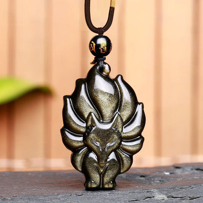 Mythstone Natural Rainbow Obsidian Gold Sheen Obsidian Nine Tailed Fox Positive Necklace Pendant