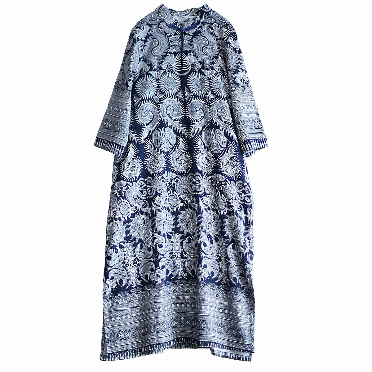 Mythstone Blue And White Porcelain Pattern Frog-button Midi Dress Three Quarter Sleeve Linen Batik Dress With Pockets