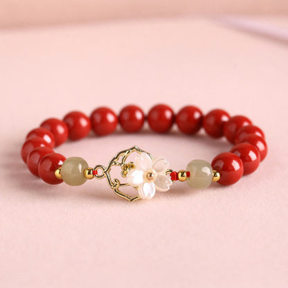 MythStone Natural Cinnabar Jade Beaded Tridacna Stone Flower Blessing Bracelet