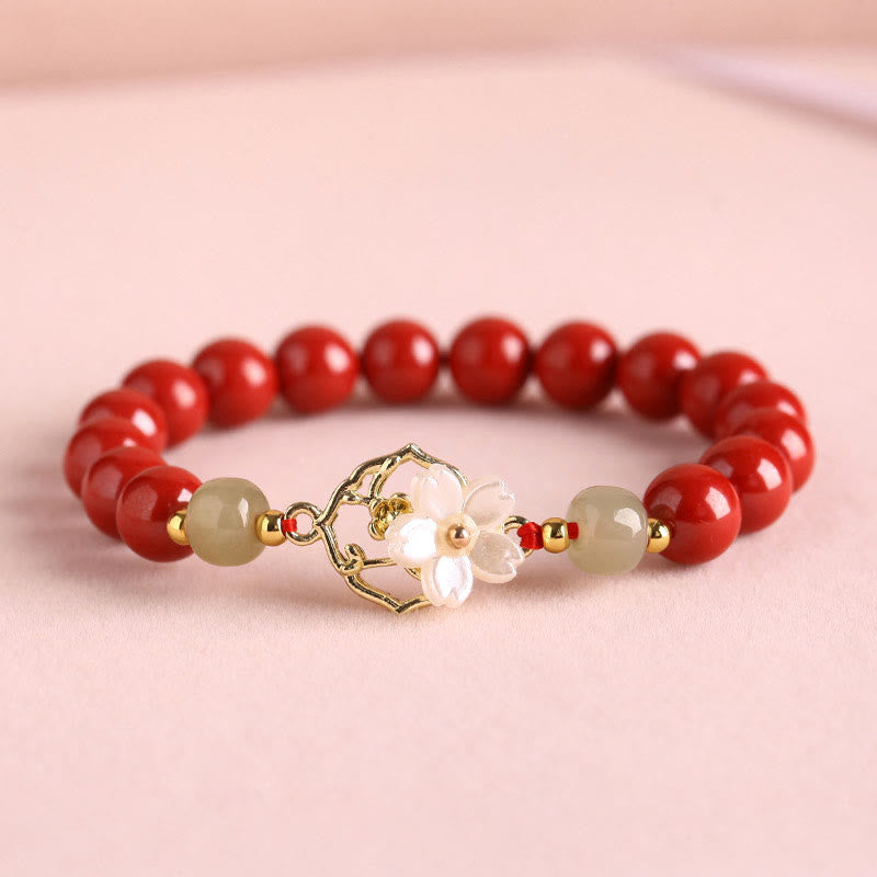 Mythstone Natural Cinnabar Jade Beaded Tridacna Stone Flower Blessing Bracelet