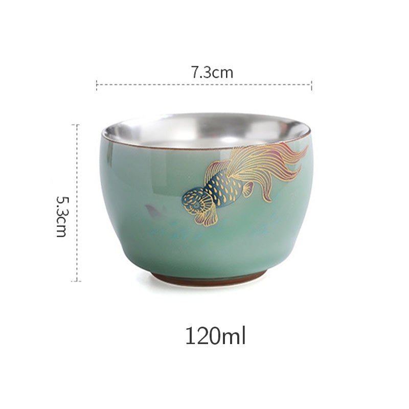 Mythstone 999 Sterling Silver Gilding Butterfly Goldfish Lotus Koi Fish Ceramic Teacup Kung Fu Tea Cup 120ml