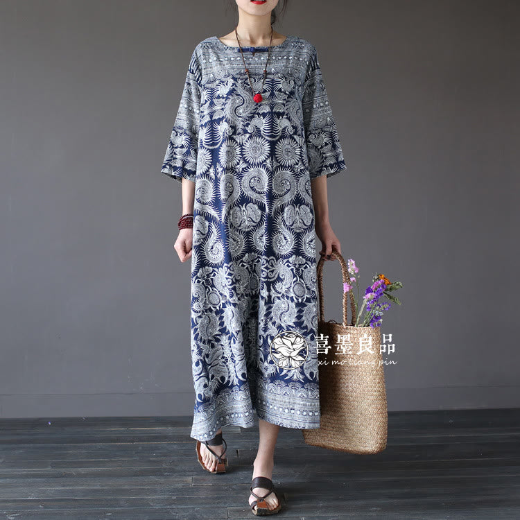 Mythstone Blue White Flower Printed Button Midi Dress Three Quarter Sleeve Cotton Linen Dress With Pockets