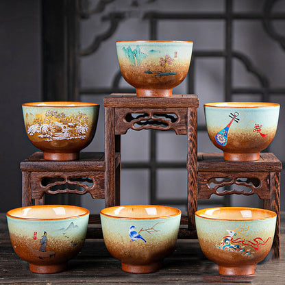 Mythstone Colorful Deer Pipa Snow Plum Blossoms Mountains Rivers Bird Ceramic Teacup Kung Fu Tea Cup Bowl