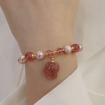 Mythstone Natural Pearl Strawberry Quartz Cute Fox Love Healing Charm Bracelet