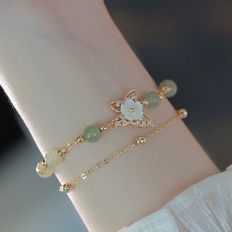 MythStone 14K Gold Plated Jade Butterfly Tridacna Stone Flower Double Layer Luck Bracelet