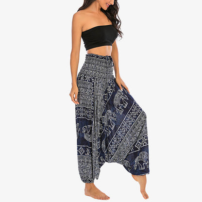 Mythstone Two Style Wear Elephant Pattern Loose Smocked Harem Trousers Jumpsuit Women's Yoga Pants