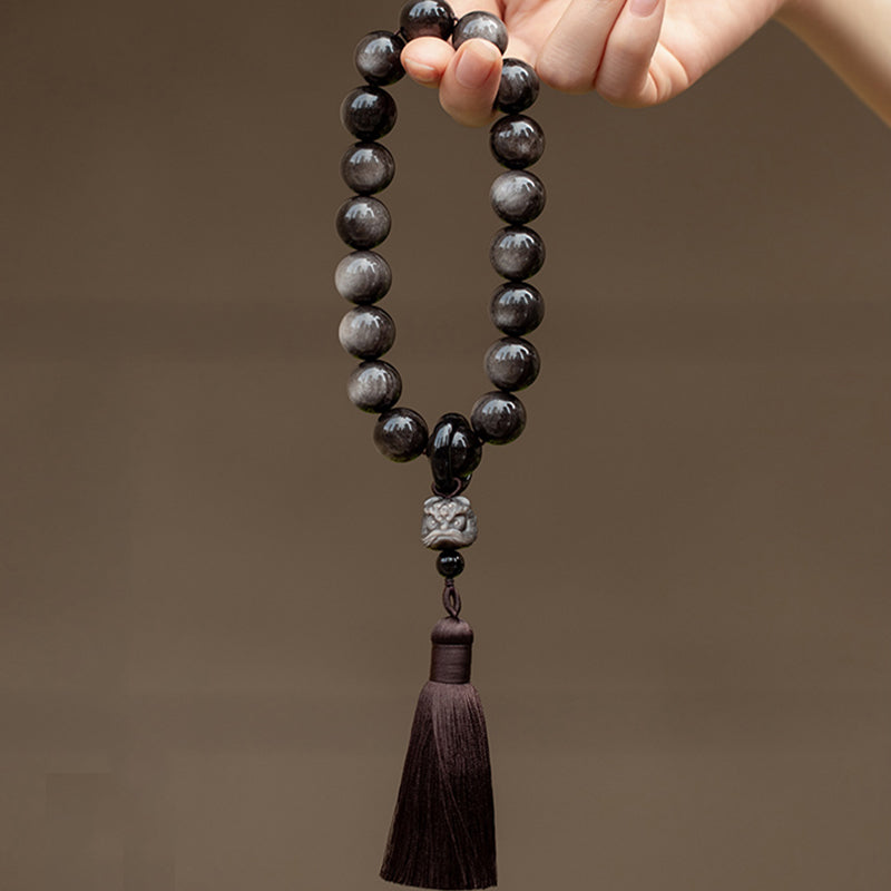 Mythstone Natural Silver Sheen Obsidian Black Obsidian Lion Wrist Mala Protection Tassels Pocket Mala Car Decoration