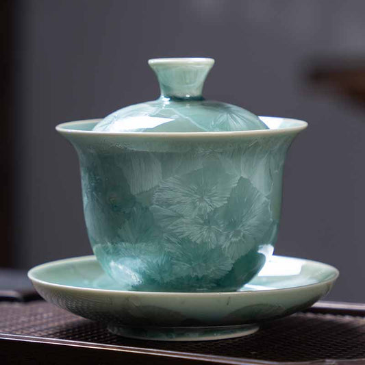 Mythstone Traditional Glaze Ceramic Gaiwan Sancai Teacup Kung Fu Tea Cup And Saucer With Lid 180ml