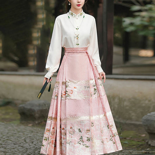 Mythstone Chinese Hanfu Pink Peach Garden Printed Horse Face Skirt Mamianqun