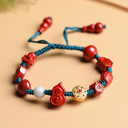 Mythstone Natural Cinnabar Gourd Om Mani Padme Hum Laughing Buddha Blessing String Bracelet