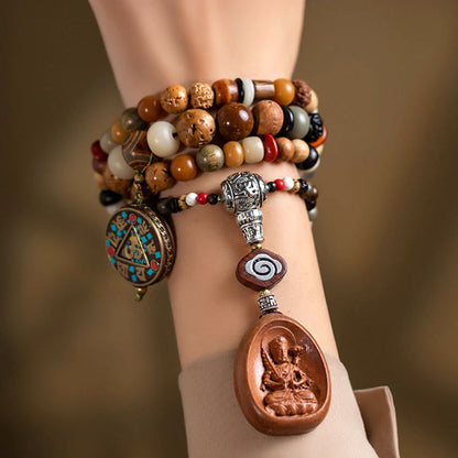 Mythstone Tibetan 108 Mala Beads Bodhi Seed Buddha Head Nine Palaces Eight Diagrams OM Wisdom Bracelet